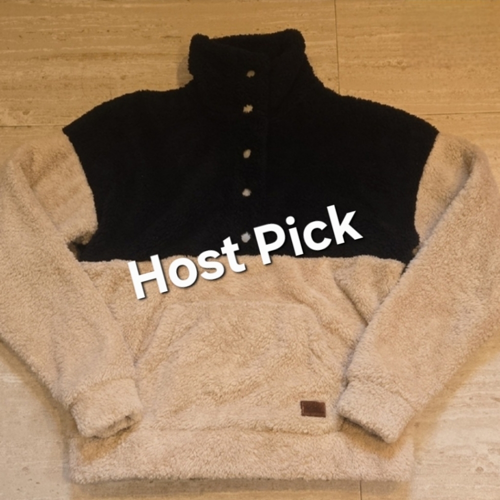 ROXY Black/Beige Colorblock Fleece Pullover Teddy Jacket